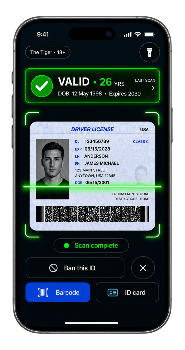 The app reading the barcode on the back of a licence, with no connection.